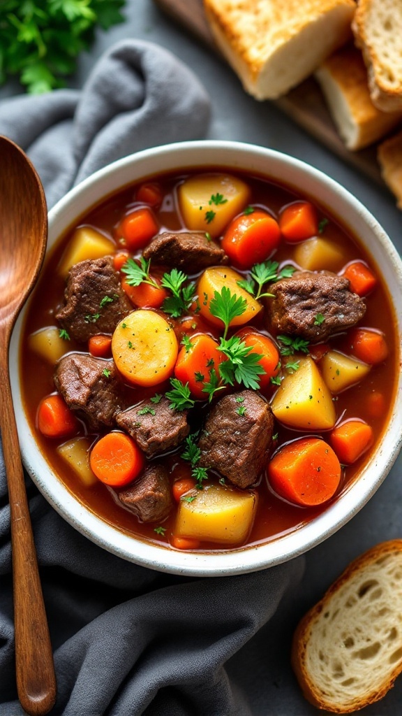 A hearty bowl of instant pot beef stew with chunks of beef, red potatoes, carrots, and herbs, accompanied by crusty bread.